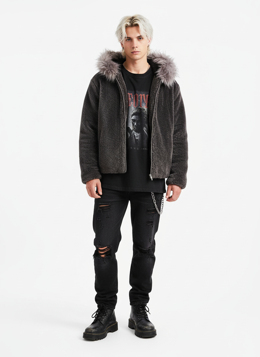 Thesupermade Fur Hooded Quilted Sherpa Jacket - 2304