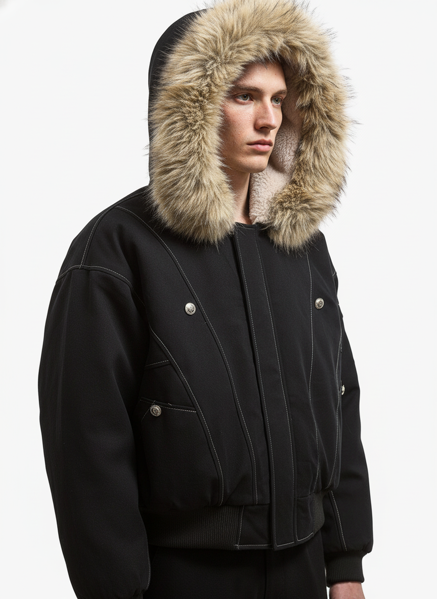 Faux Fur Lined Zip Up Hooded Bomber Jacket