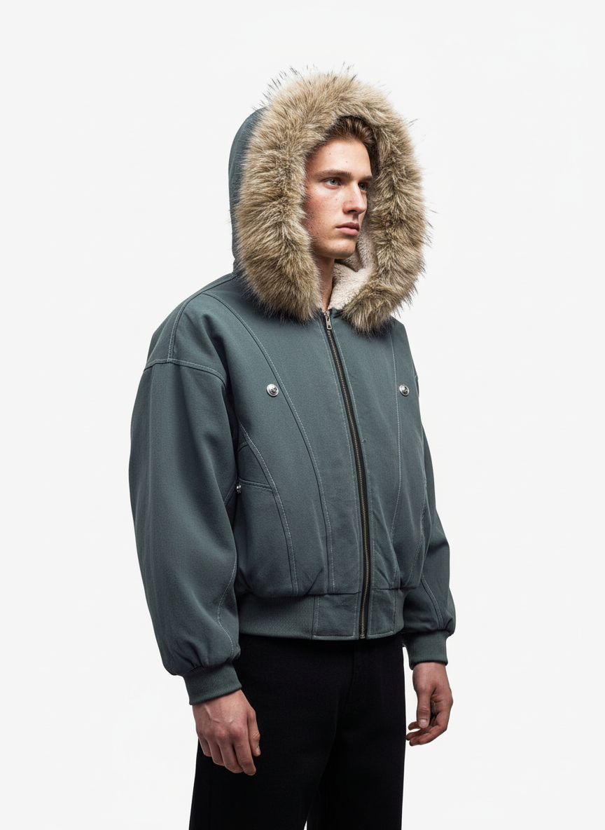 Faux Fur Lined Zip Up Hooded Bomber Jacket