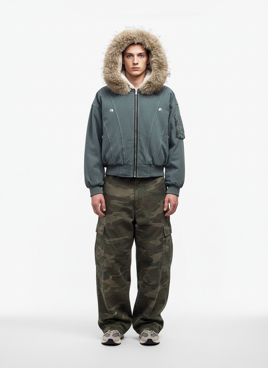 Faux Fur Lined Zip Up Hooded Bomber Jacket