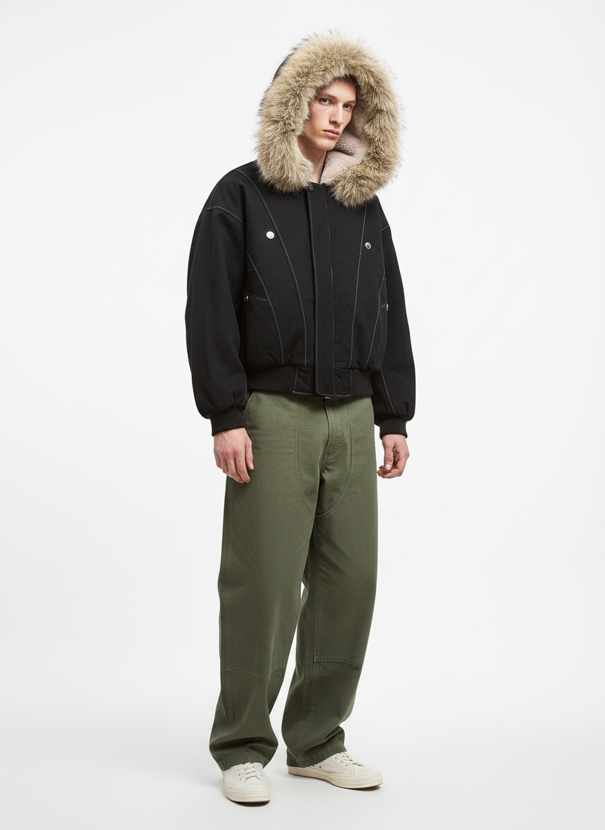 Faux Fur Lined Zip Up Hooded Bomber Jacket