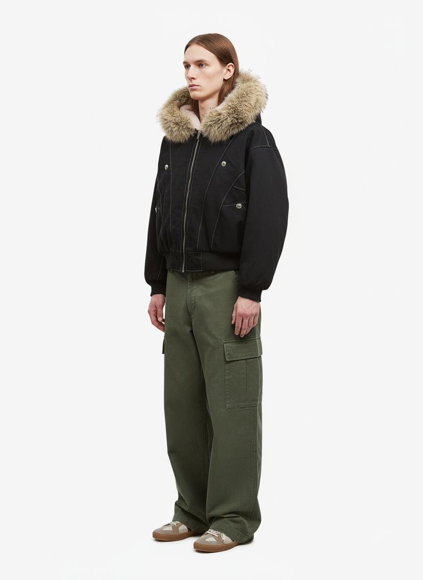 Faux Fur Lined Zip Up Hooded Bomber Jacket