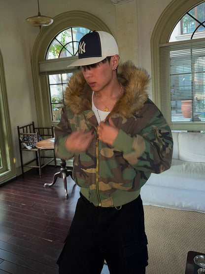 Camouflage Fur Collar Reversible Cotton Jacket - 2499