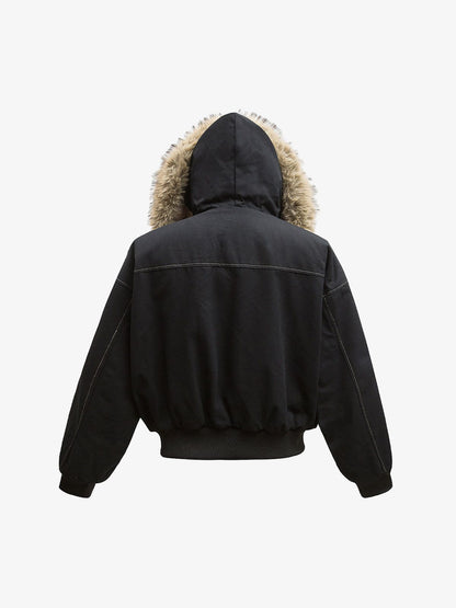 Faux Fur Lined Zip Up Hooded Bomber Jacket