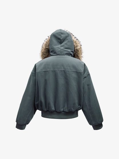Faux Fur Lined Zip Up Hooded Bomber Jacket